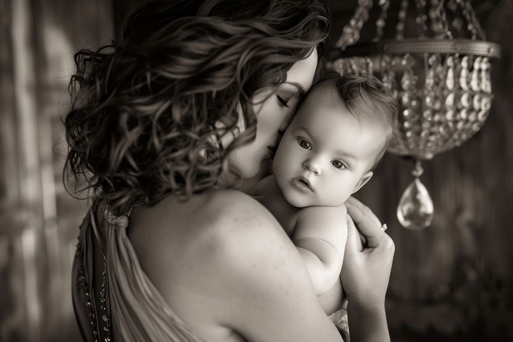 A loving mother kissing her adorable little baby boy cradled in her arms at home photography portrait adult.
