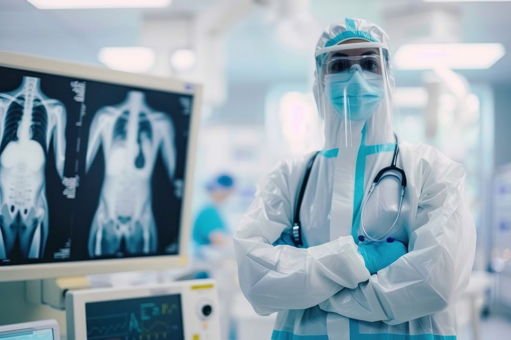 A radiology technician wear a protective suit standing in front a workstation adult radiography electronics.