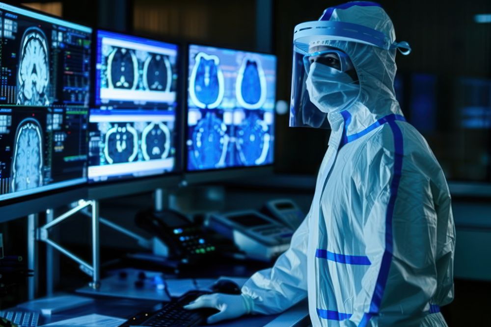 A radiology technician wear a protective suit standing in front a workstation computer electronics tomography.