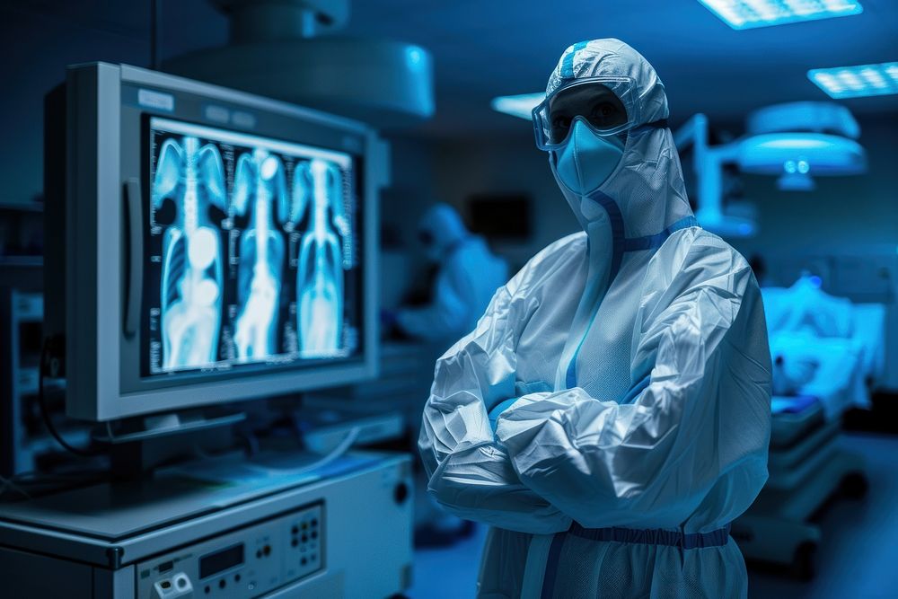 A radiology technician wear a protective suit standing in front a x-ray station laboratory hospital architecture.