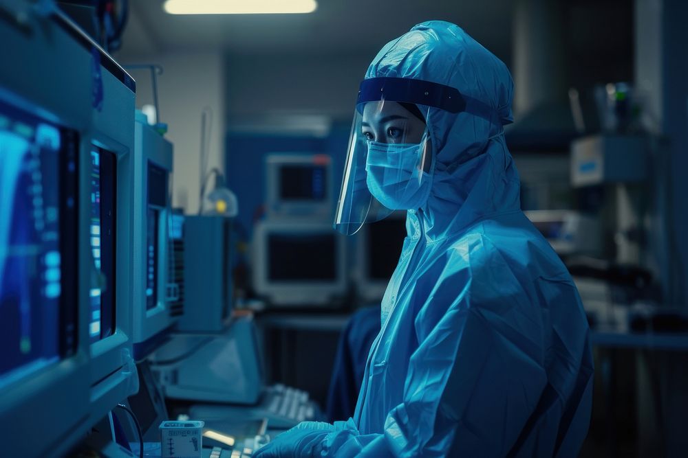 A radiology technician wear a protective suit standing in front a workstation surgeon doctor concentration.