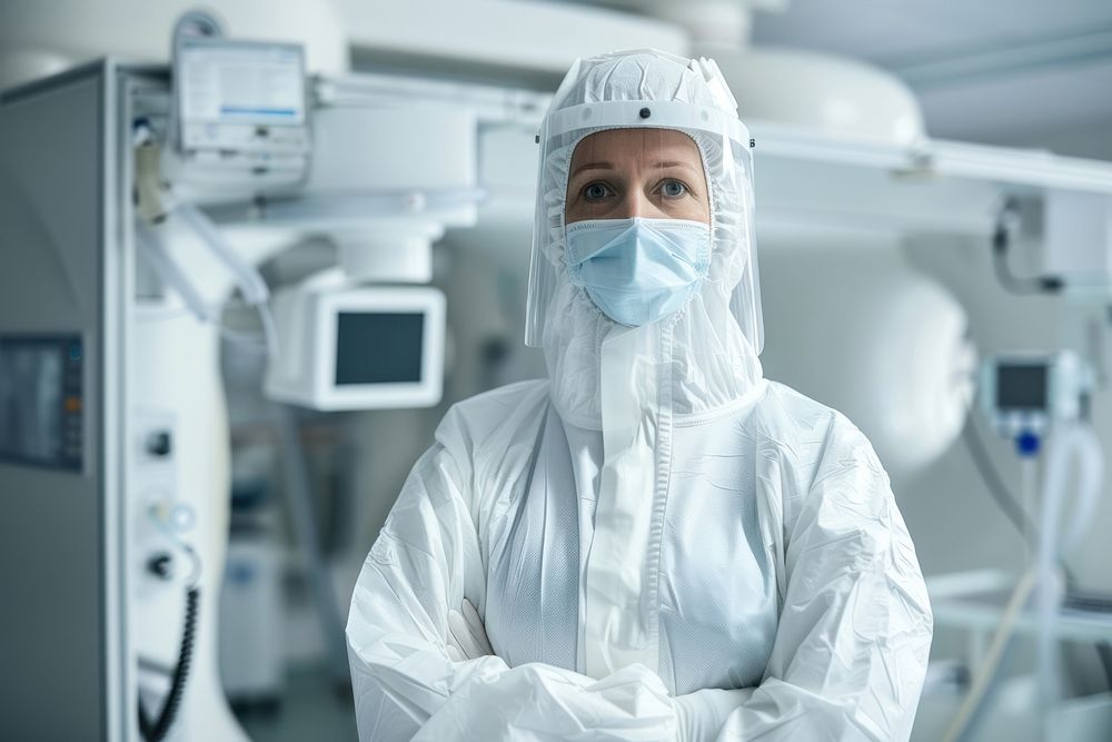 A radiology technician wear a protective suit standing in front a x-ray station surgeon doctor protection.