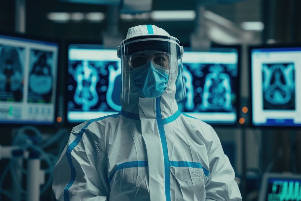 A radiology technician wear a protective suit standing in front a workstation adult electronics protection.