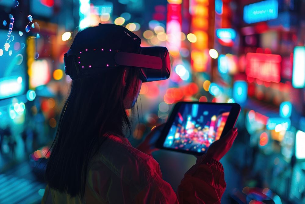 A woman holding a tablet and interact with metaverse technology photography computer adult.
