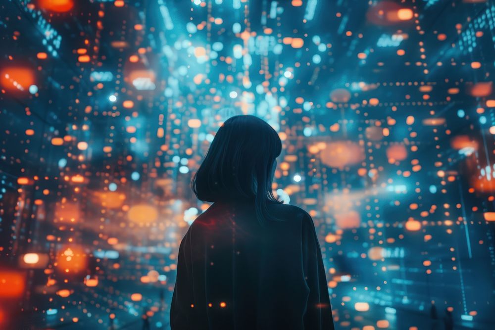 A woman interact with metaverse technology futuristic adult illuminated.