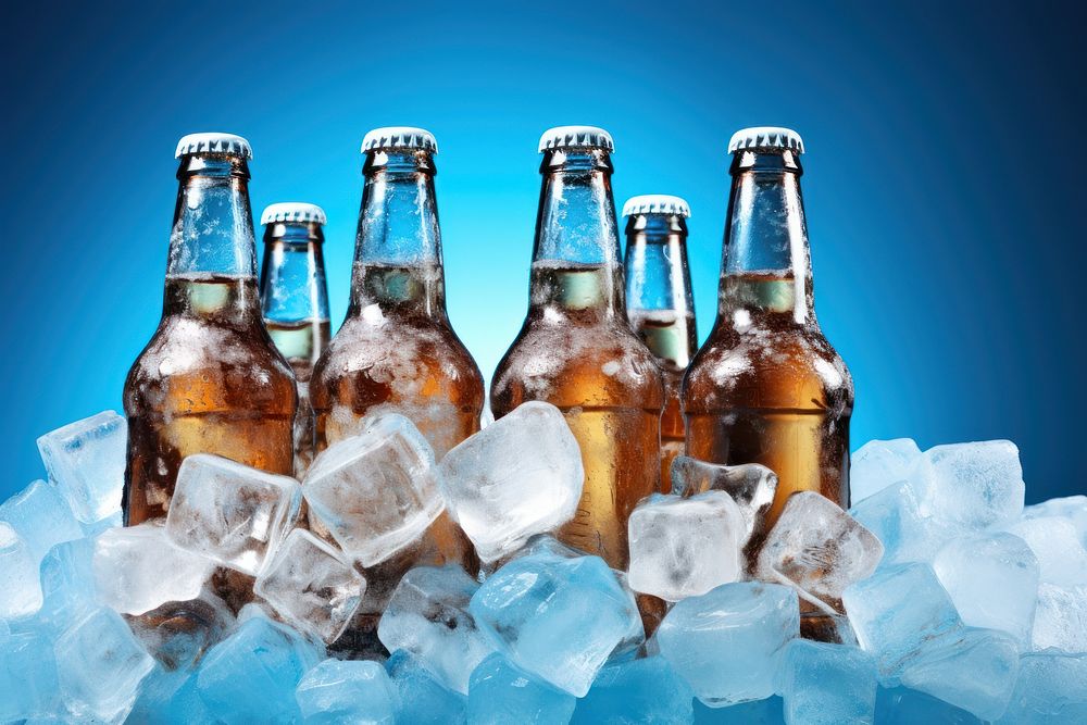 Beer bottles on ice cubes drink glass blue.