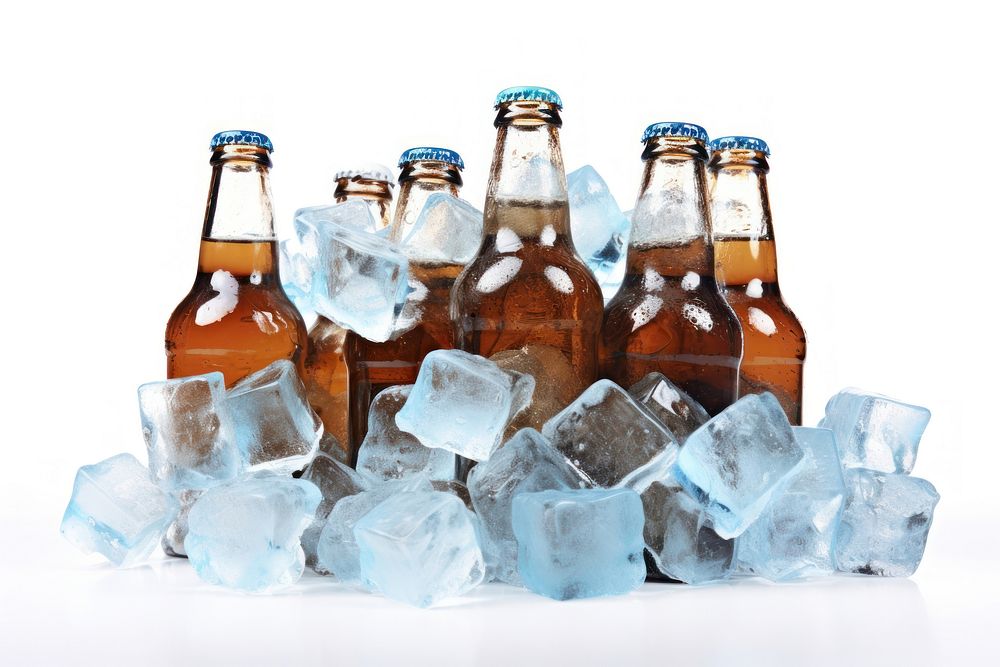 Beer bottles on ice cubes glass drink blue.