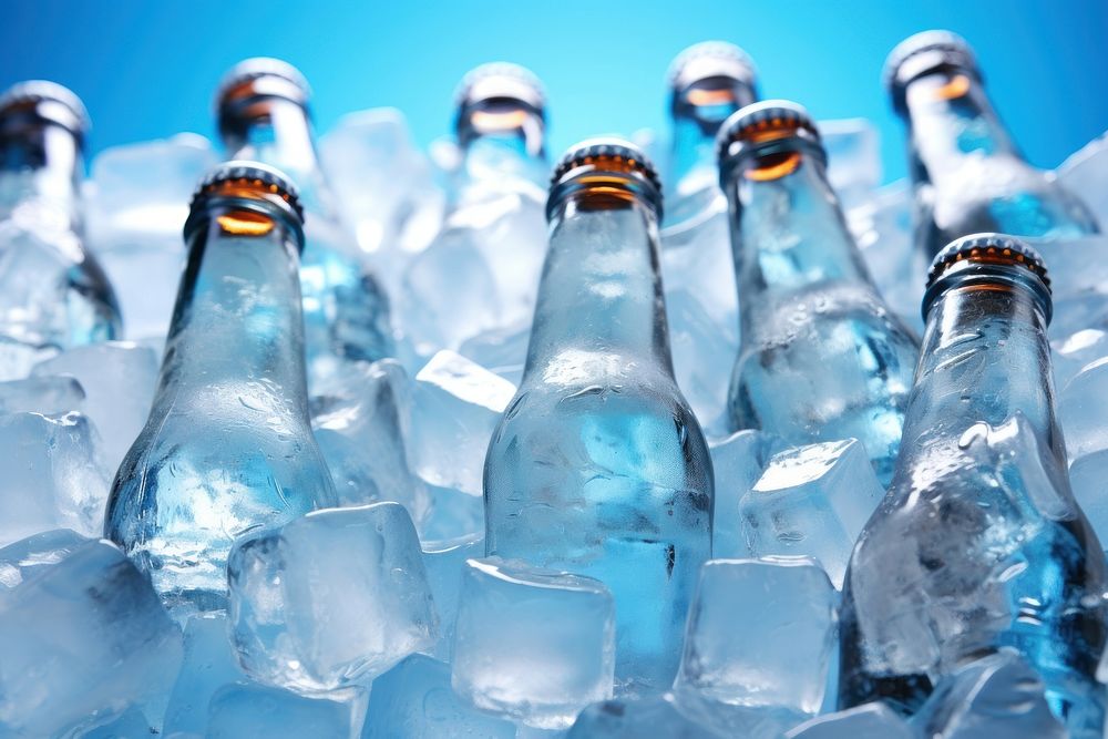 Beer bottles on ice cubes backgrounds drink blue.