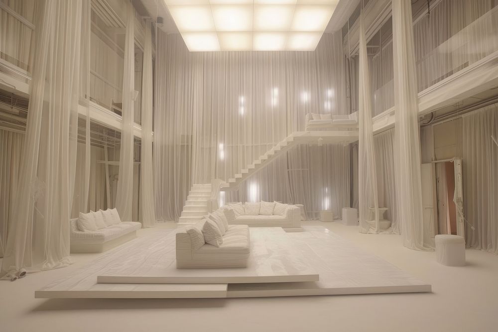 Conceptual white interior design livingroom with layerings architecture building lobby.