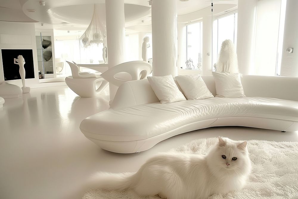 Conceptual white interior design livingroom with layerings furniture mammal chair.