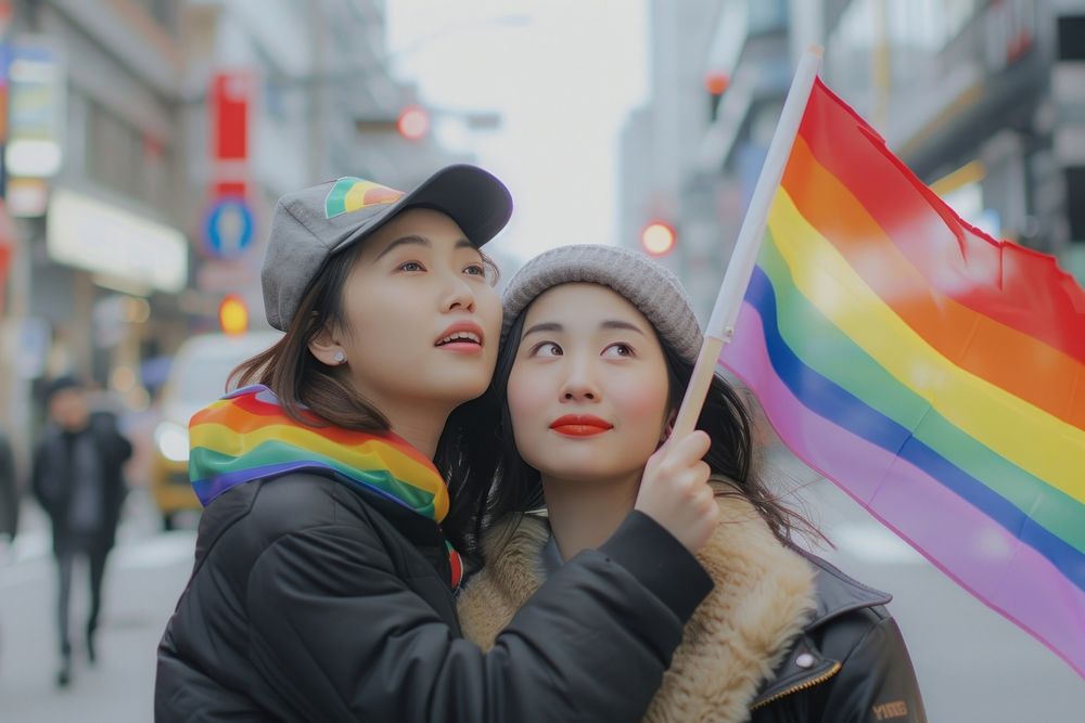 Couple asian lesbian woman with gay pride flag on the street adult togetherness affectionate.