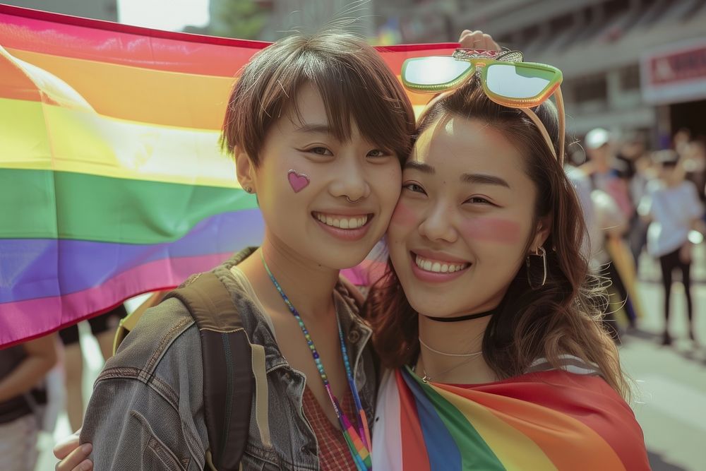 Couple asian lesbian woman with gay pride flag on the street photography portrait adult.