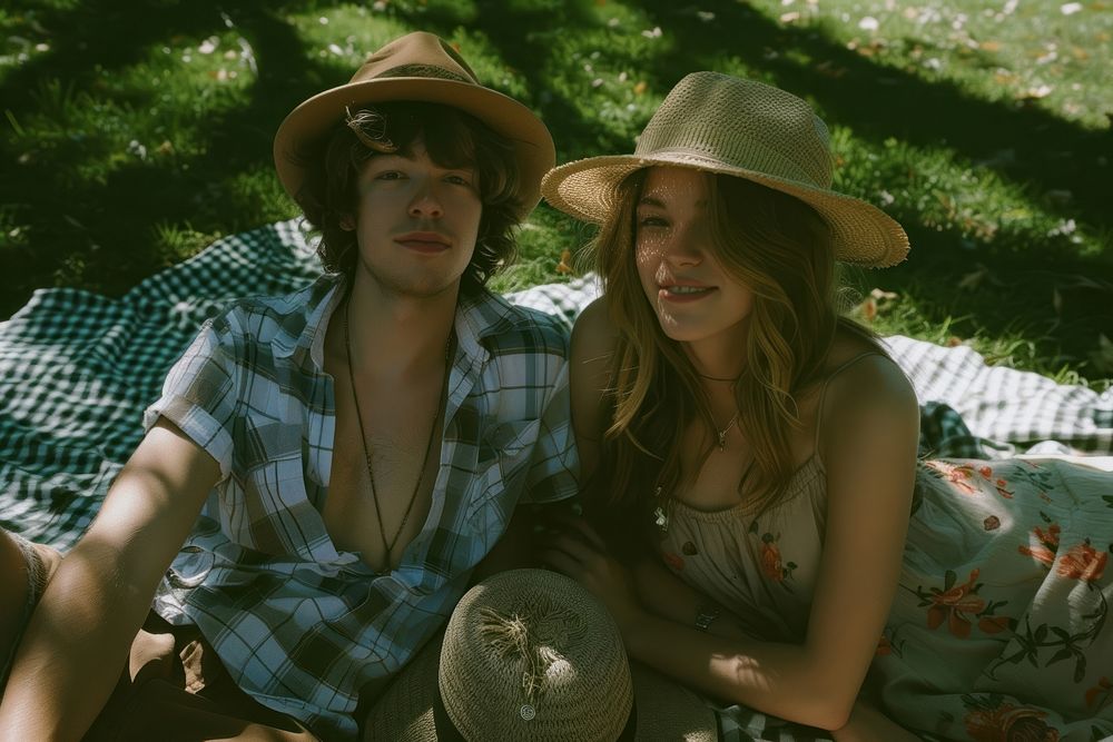 Couple of happy young american adult picnic photography portrait outdoors.