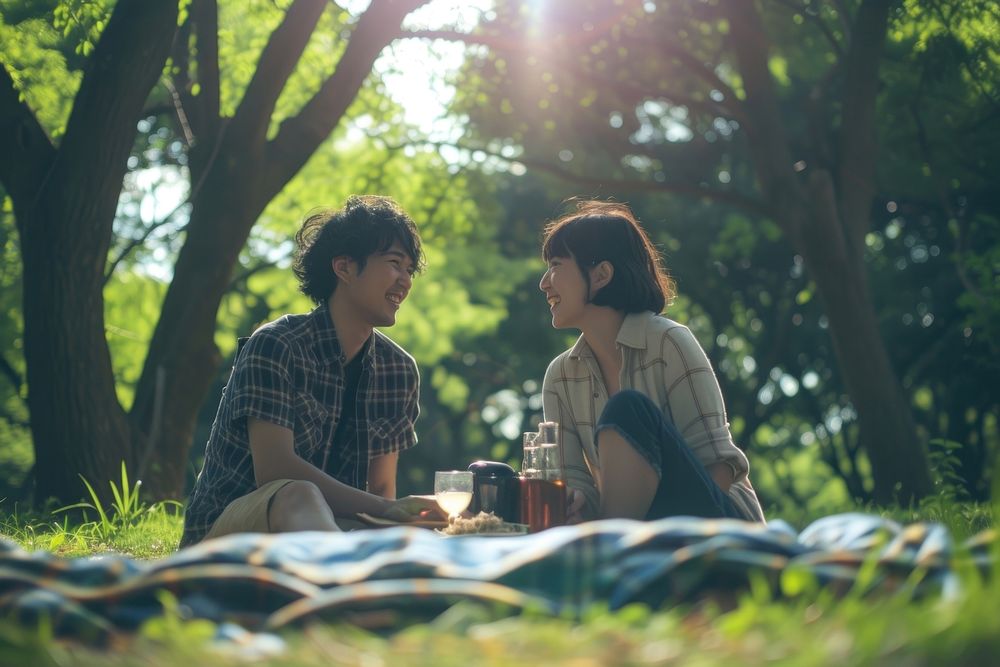 Couple of happy young japanese adult picnic outdoors nature plant.