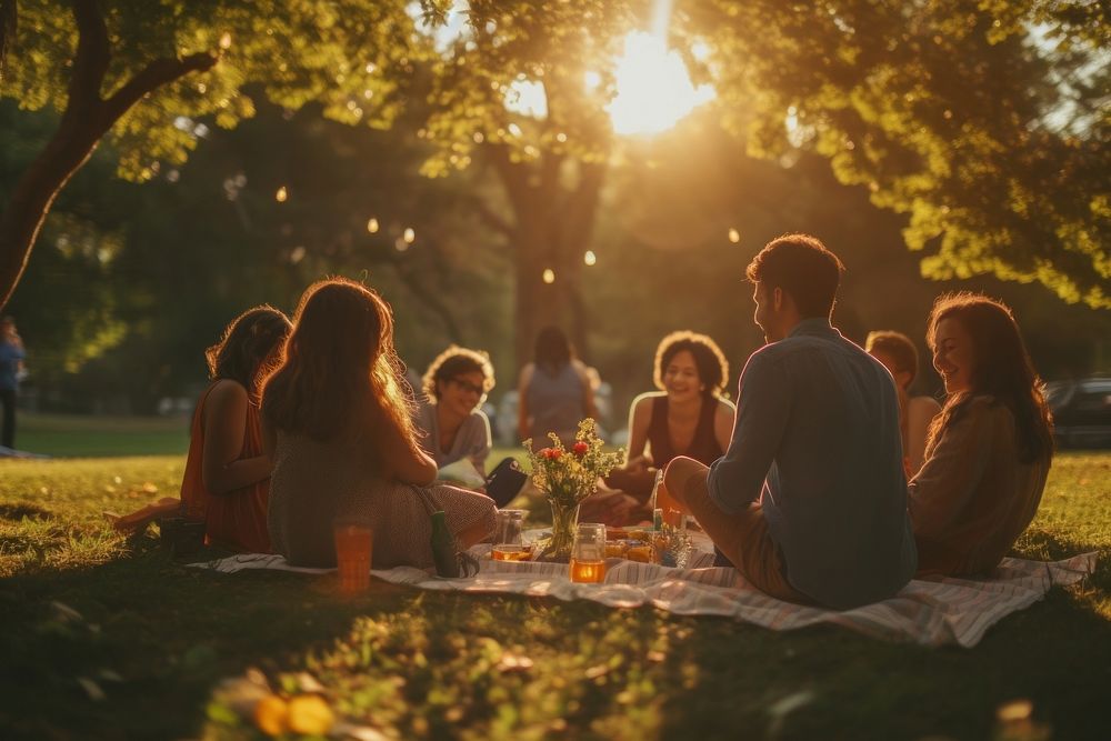 Group of happy young adult picnic outdoors nature sunset.
