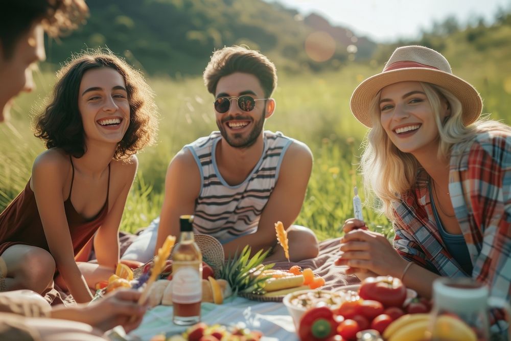 Group of happy young adult picnic laughing outdoors nature.