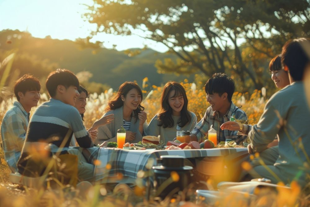 Group of happy young adult picnic outdoors nature food.