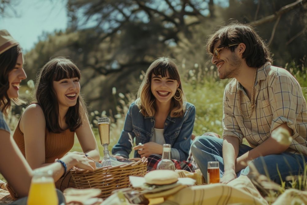 Group of happy young adult picnic laughing party food.