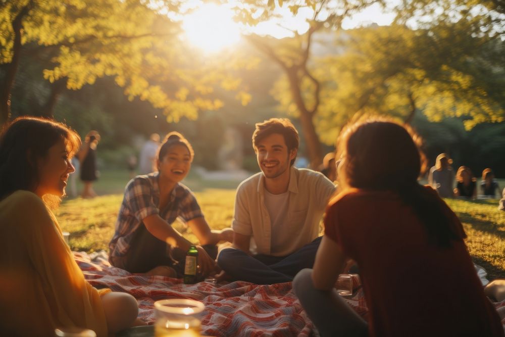 Group of happy young american adult picnic outdoors nature sunset.