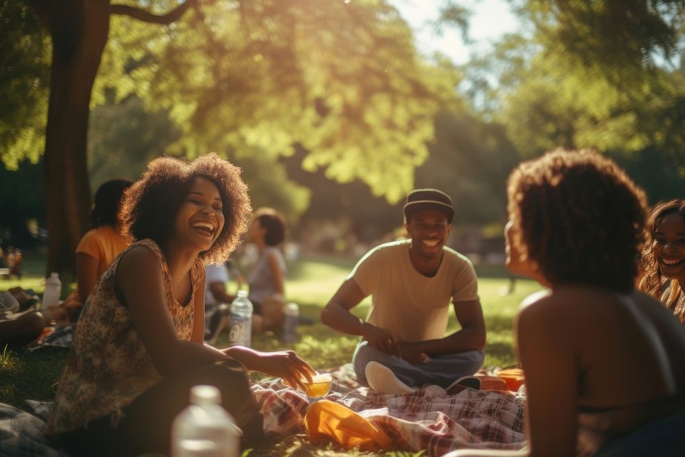 Group of happy young black adult picnic laughing fun togetherness.