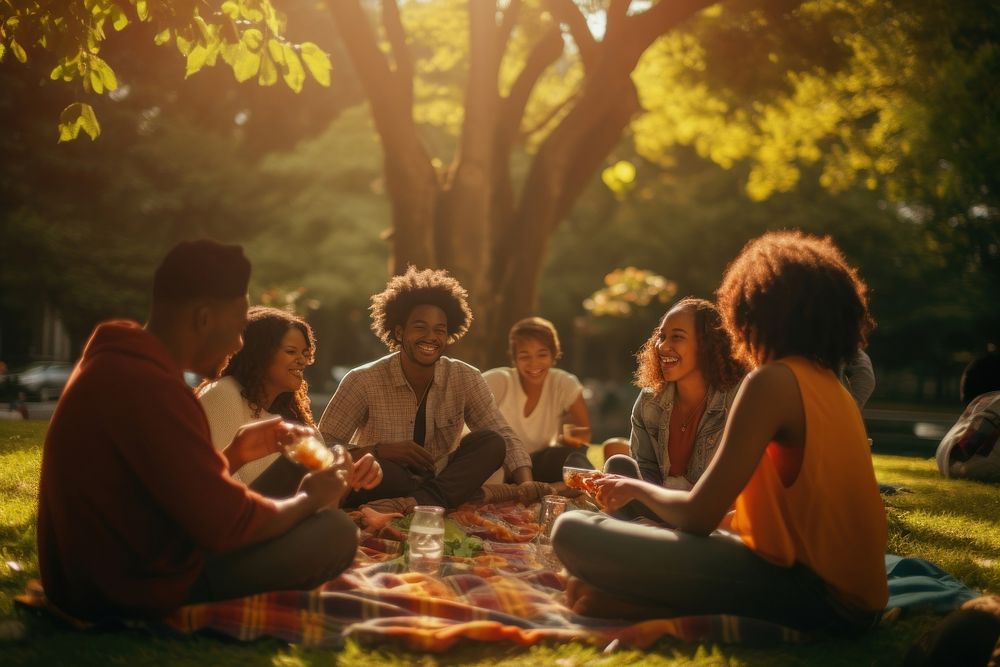 Group of happy young black adult picnic fun sun togetherness.