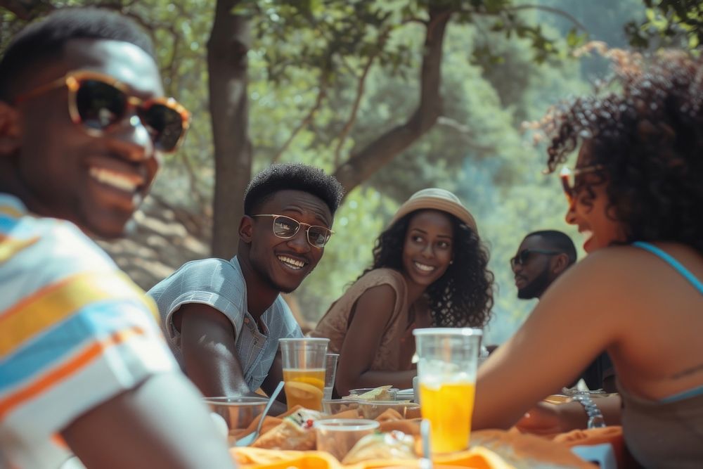 Group of happy young black adult picnic glasses party fun.