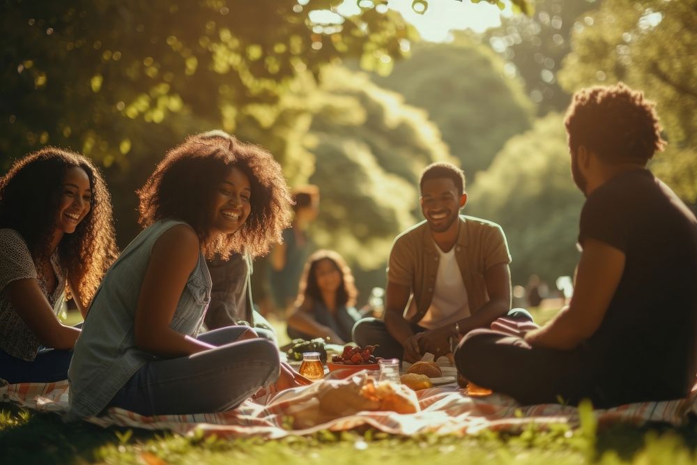 Group of happy young black adult picnic food sun fun.