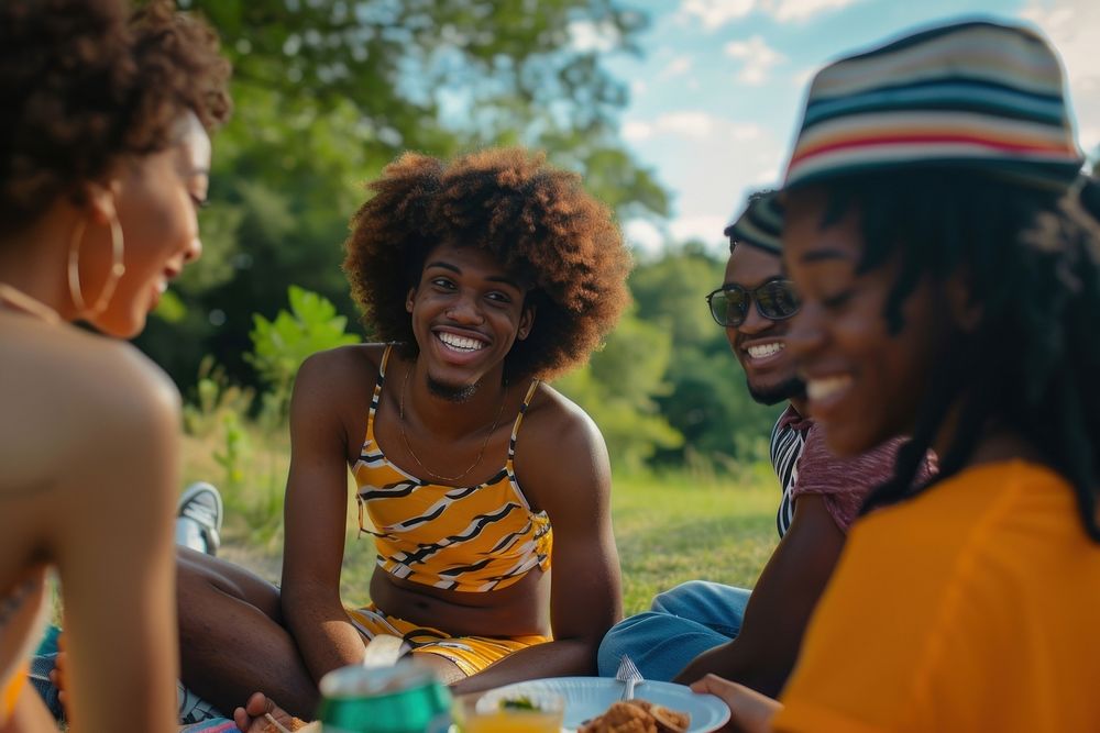 Group of happy young black adult picnic laughing food togetherness.
