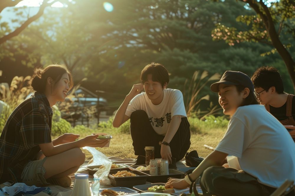 Group of happy young japanese adult picnic outdoors plant grass.