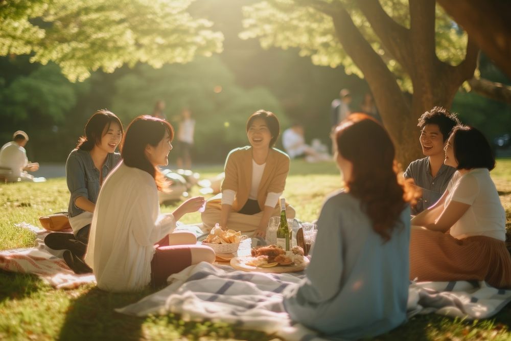 Group of happy young japanese adult picnic sun cross-legged togetherness.