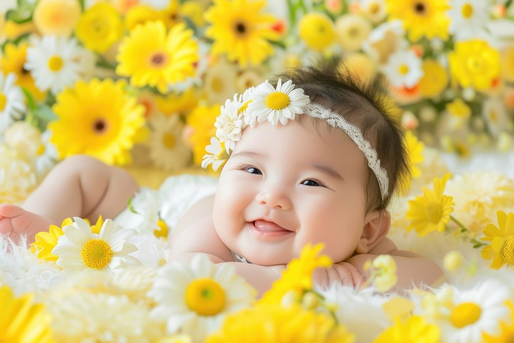 Happy asian baby girl photography portrait flower.