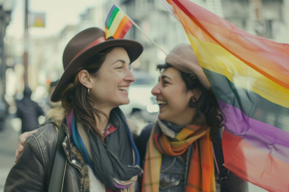 Happy couple lesbian woman with gay pride flag on the street adult scarf coat.