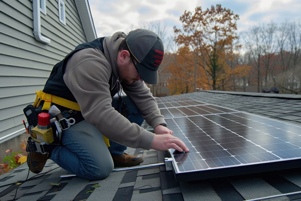 Kneeling professional man measuring solar panels installation from the top of a house roof adult environmentalist…