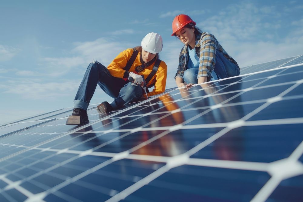 Kneeling professional man and woman measuring solar panels installation from the top of a house roof hardhat helmet…