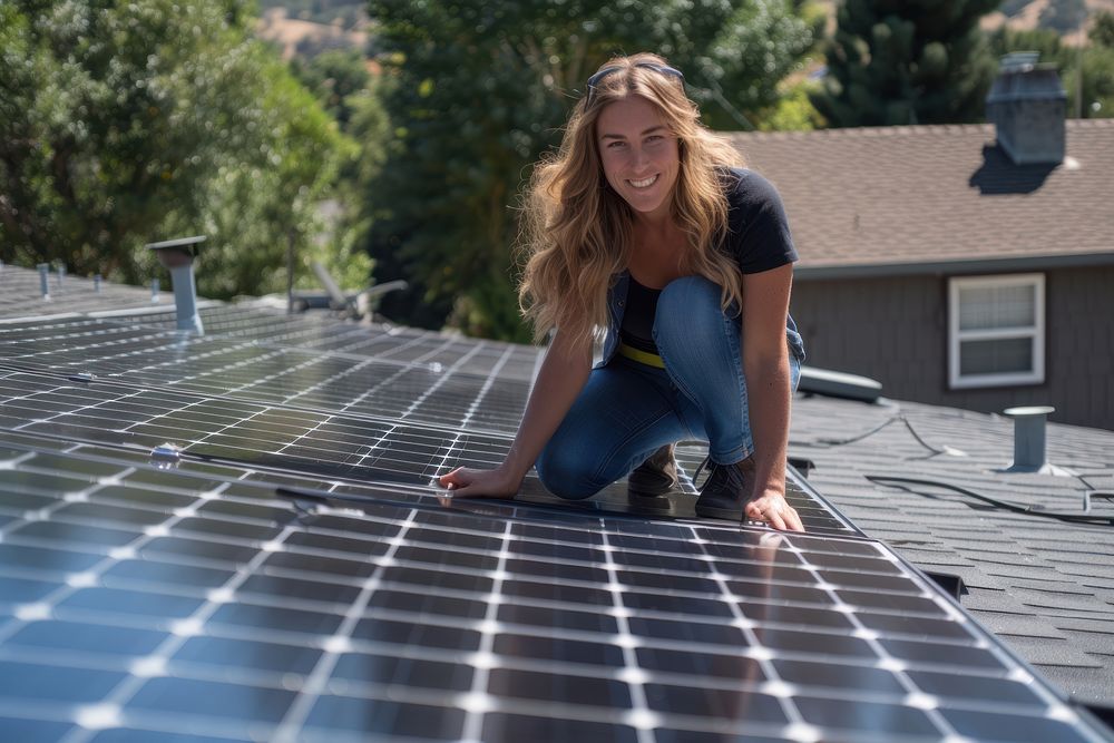 Kneeling professional woman measuring solar panels installation from the top of a house roof adult environmentalist…