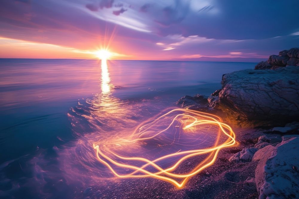 Light painting at the sea during sunset light landscape outdoors.