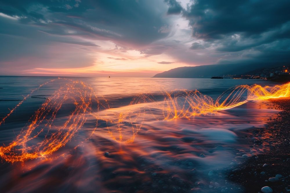 Light painting at the sea during sunset outdoors horizon nature.