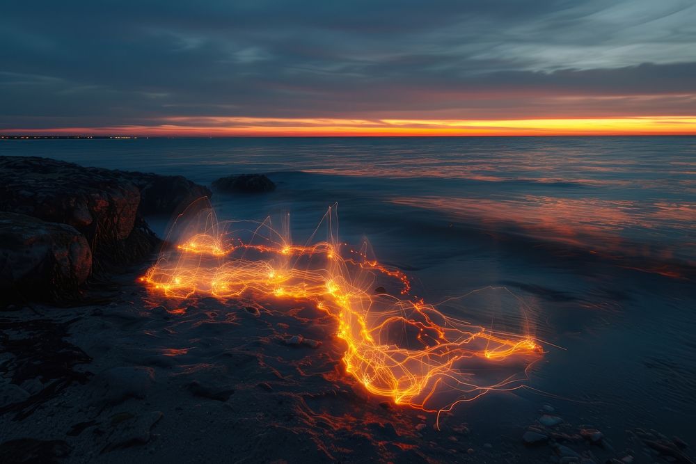 Light painting at the sea during sunset outdoors volcano nature.