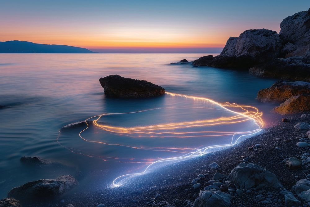 Light painting at the sea during sunset landscape outdoors horizon.