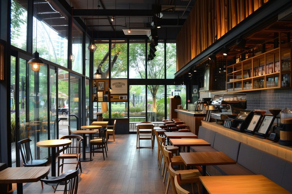 Modern cafe restaurant interior design with cozy chair furniture cafeteria table.