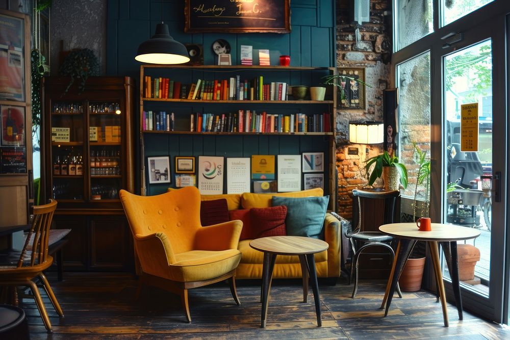 Modern cafe restaurant interior design with cozy chair architecture publication furniture.