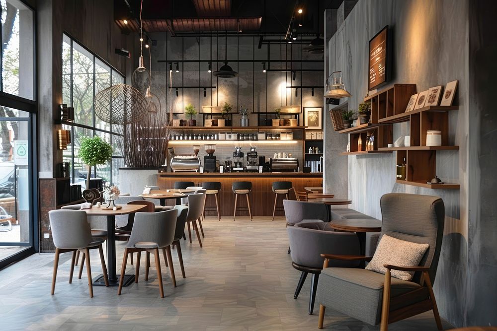 Modern cafe restaurant interior design with cozy chair furniture store bar.