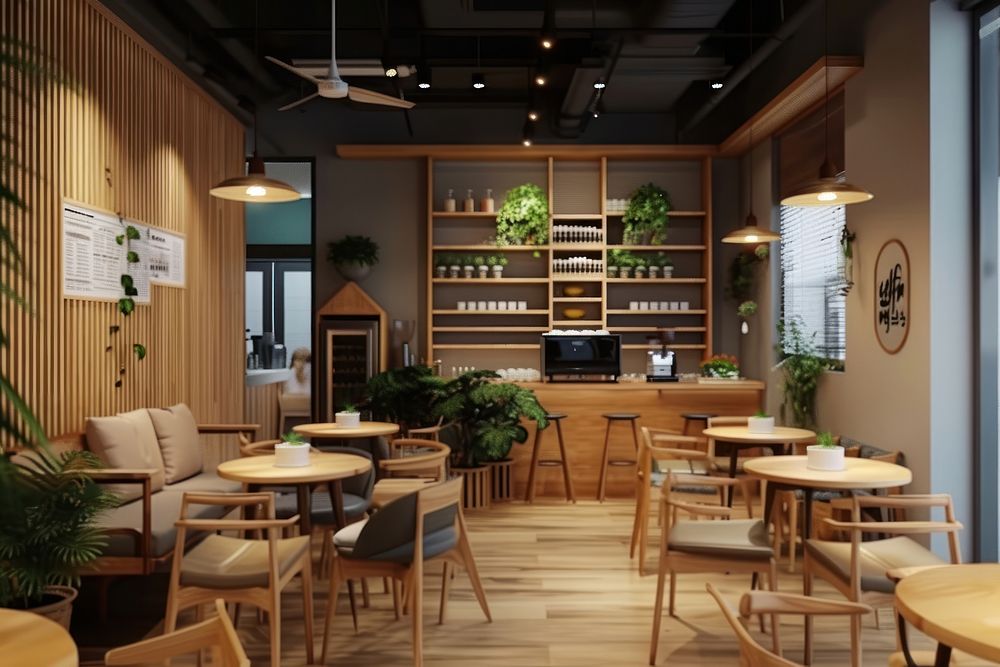 Modern cafe restaurant interior design with cozy chair architecture furniture building.