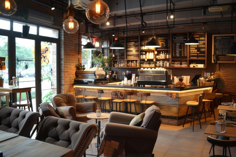 Modern cafe restaurant interior design with cozy chair furniture store table.