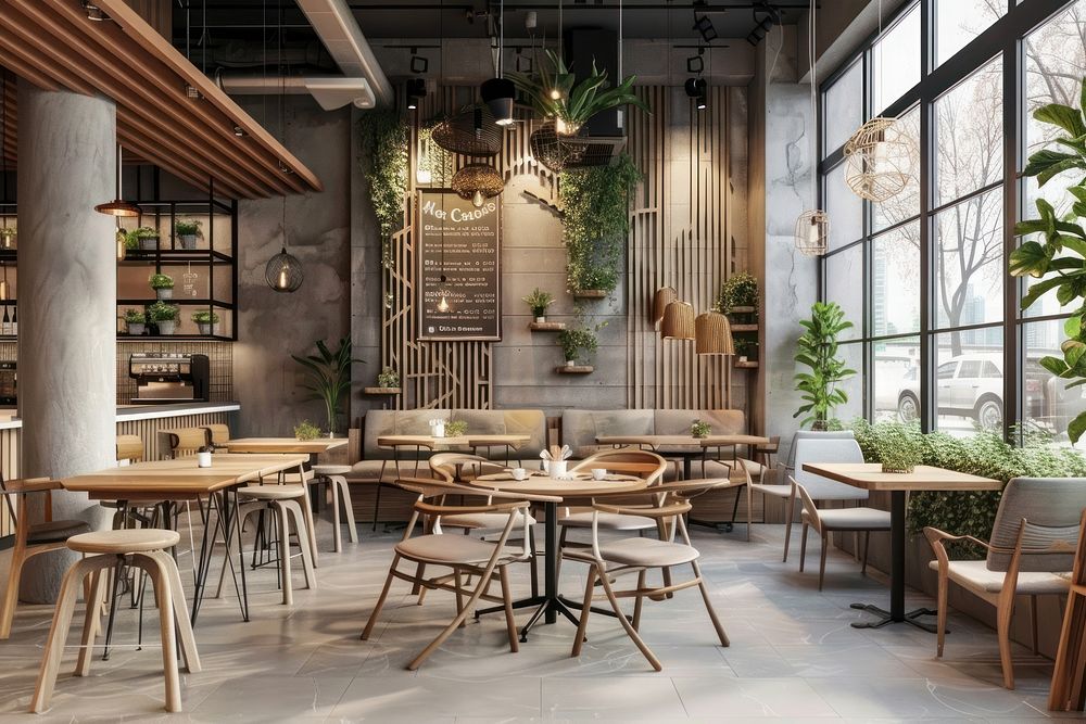 Modern cafe restaurant interior design with cozy chair architecture furniture cafeteria.