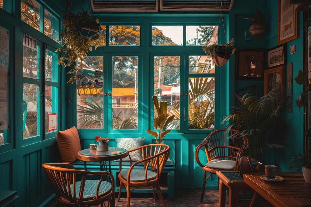 Modern cafe restaurant interior with cozy chair architecture furniture window.