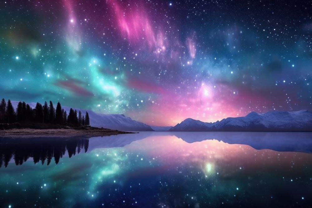Pastel Aurora light on galaxy landscape panoramic outdoors.