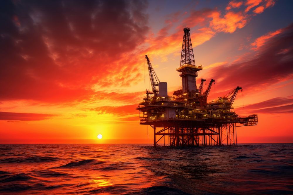 Oil rig outdoors sunset sea.
