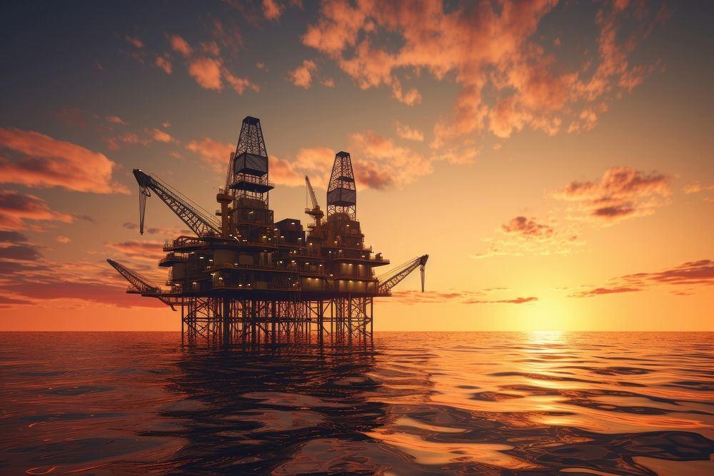 Oil rig outdoors sunset sea.