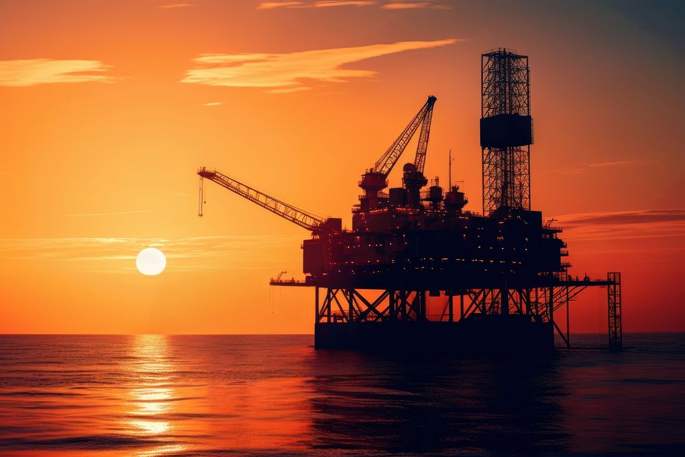 Oil rig silhouette sunset sea.